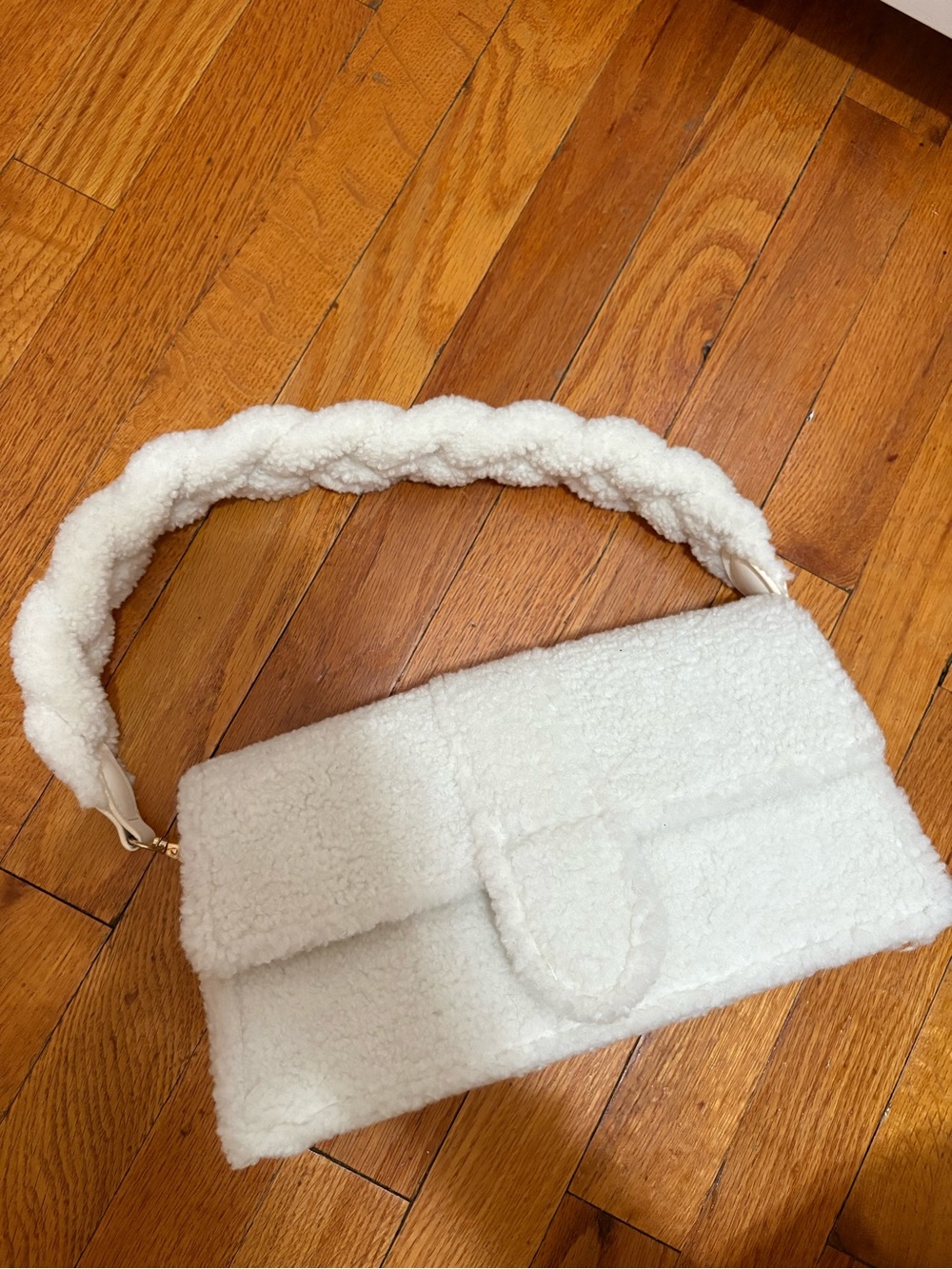 Anthropologie White Sherpa Braided-Handle Shoulder Bag